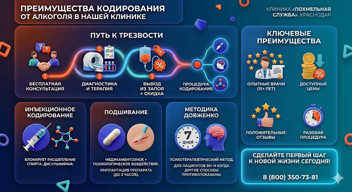 Инфографика о методах кодирования от алкоголя в Ростове Великом Ярославской области: инъекции, подшивание, метод Довженко. Преимущества клиники и этапы лечения.