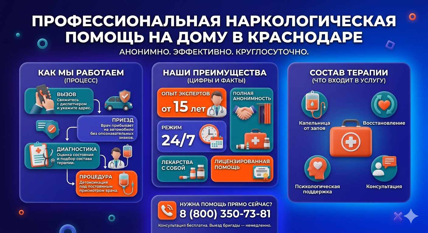 Инфографика о принципах лечения алкоголизма на дому в Ростове Великом Ярославской области: этапы вызова нарколога, преимущества анонимной детоксикации и состав медицинской помощи.
